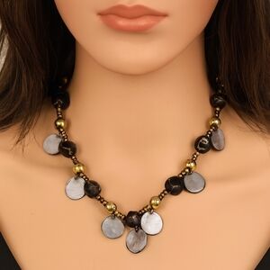 Women's Brown Black Gold Various Beads sizes & Grey Shell Discs Necklace, 34"